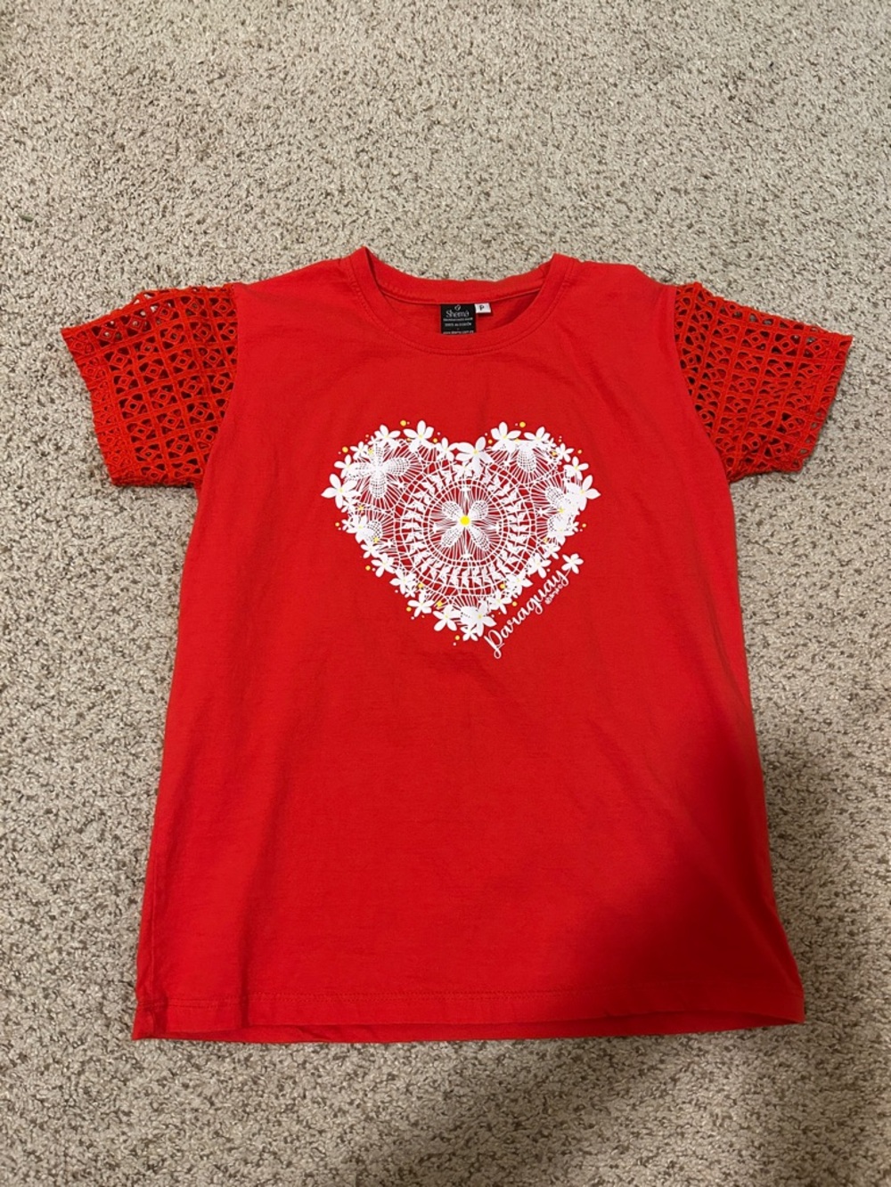 Paraguay Bright Red Tee with White Lace Heart Graphic